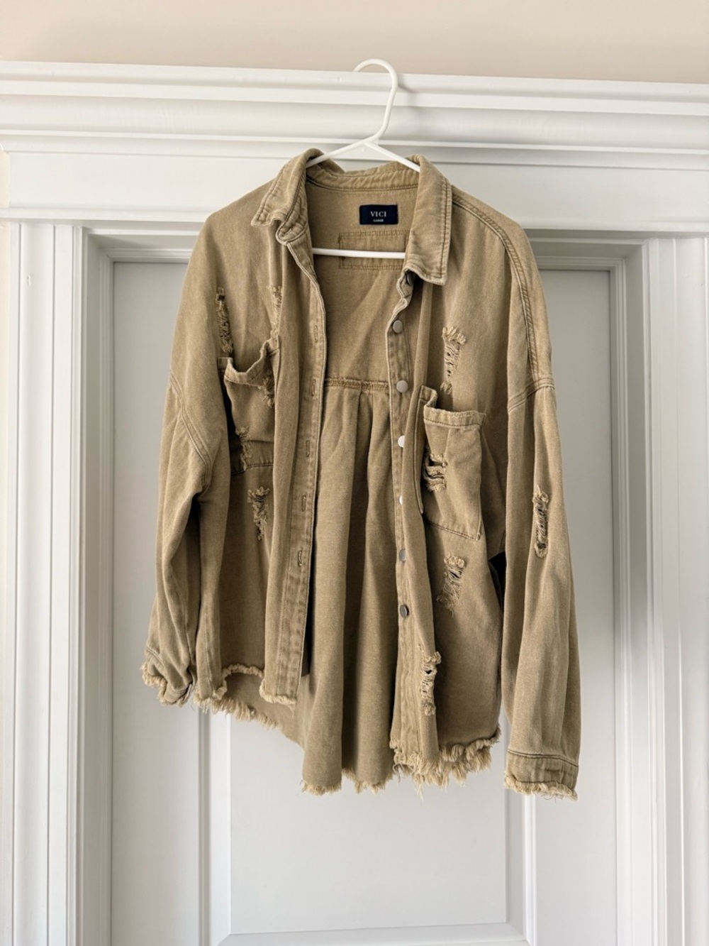 VICI Distressed Oversized Shacket in Army Green